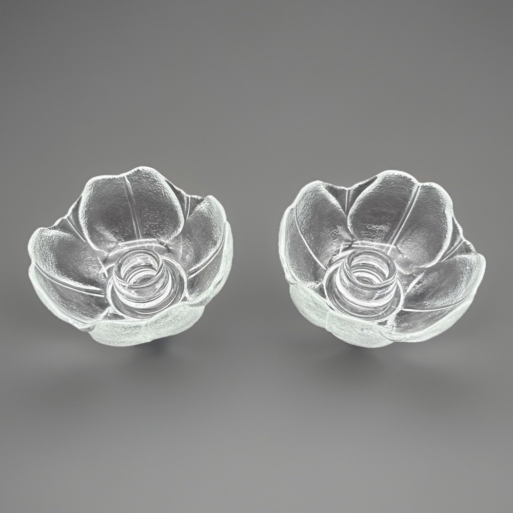 Vintage Clear Frosted Glass Flower Tulip Taper Candle Holders Anchor Hocking 2pc